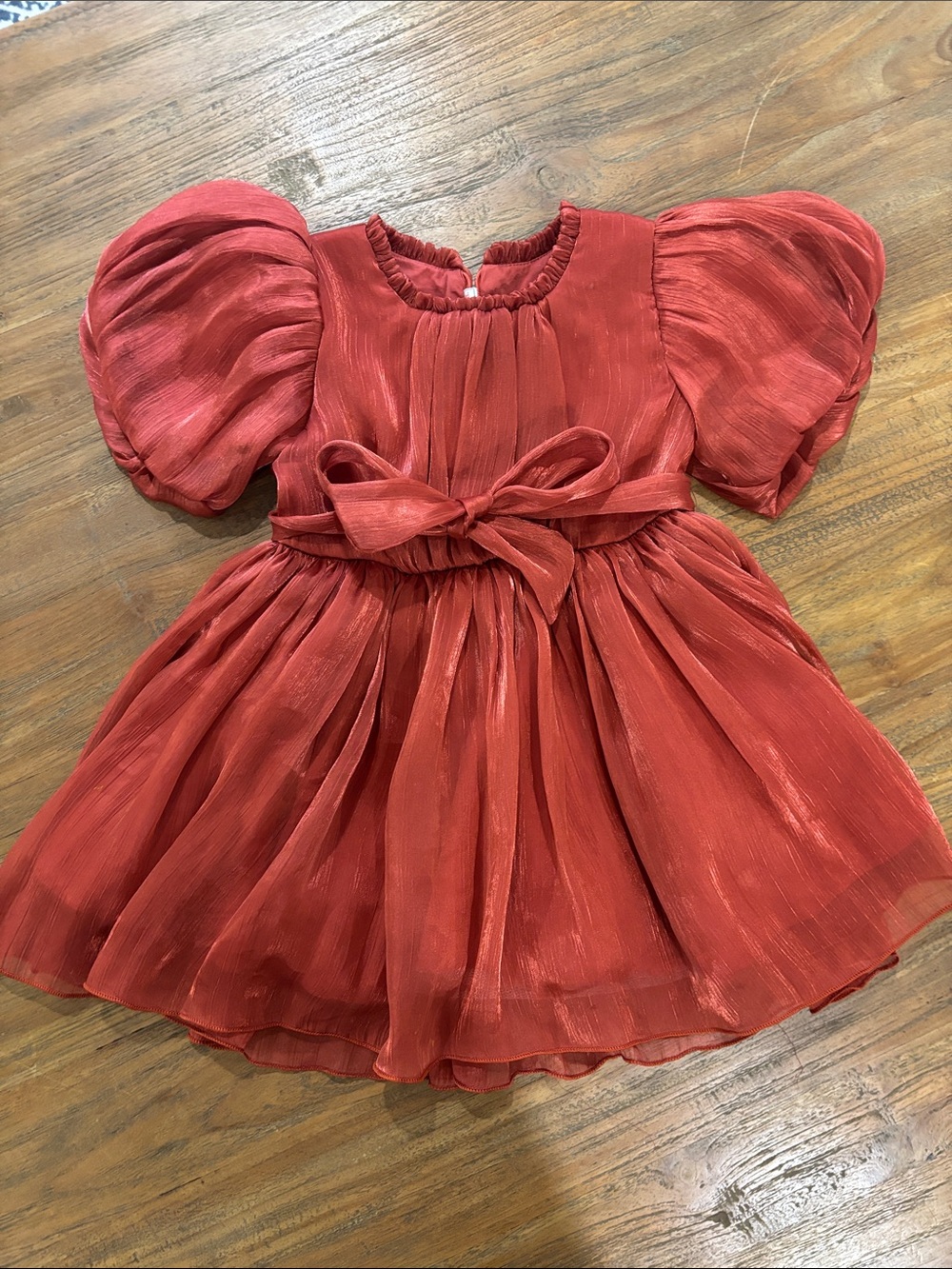Girls Red Puff-Sleeve Formal Dress with Bow